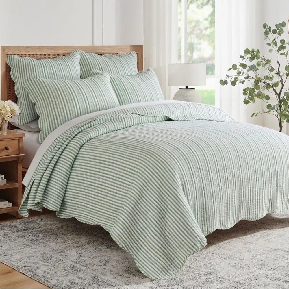 🆕 PB Style Green & White Striped Cotton Quilt Coverlet Scalloped Trim Set NWT
